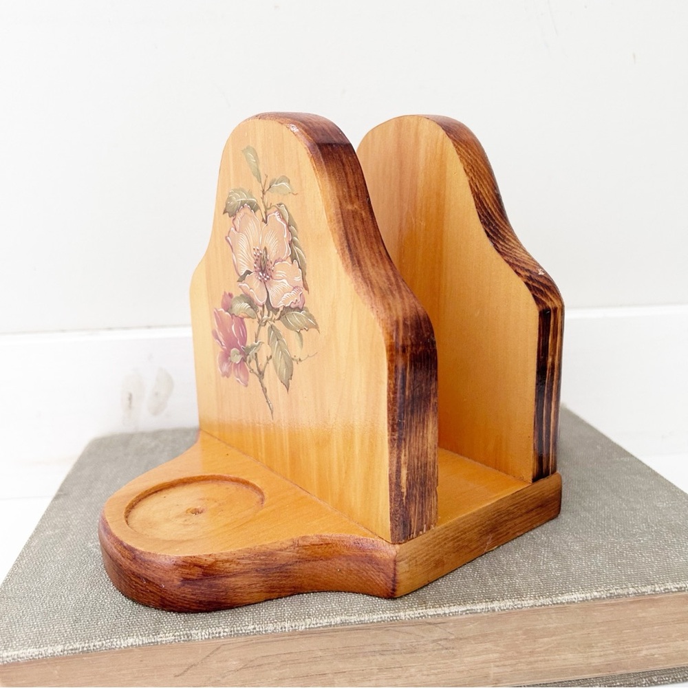 Vintage Handcrafted Wooden Napkin Holder with Floral Design Farmhouse